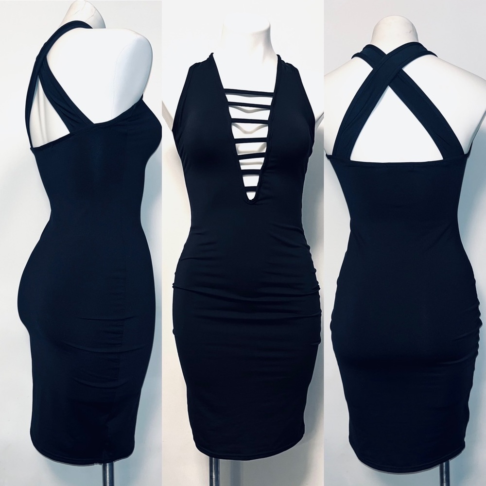 Allegrace Boutique Black body con, low cut, cut out criss cross back midi dress